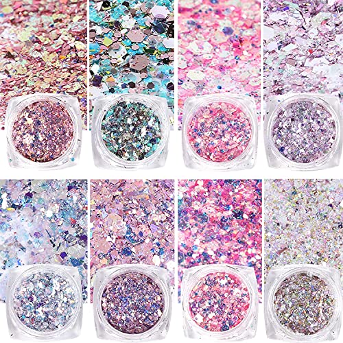 GZMAYUEN Paillette Ongles Nail Art 8Pcs Grosse Paillette Flakes Kit Paillettes Nail Art Holographique Nail Flakes Chunky Glitter Deco Ongles