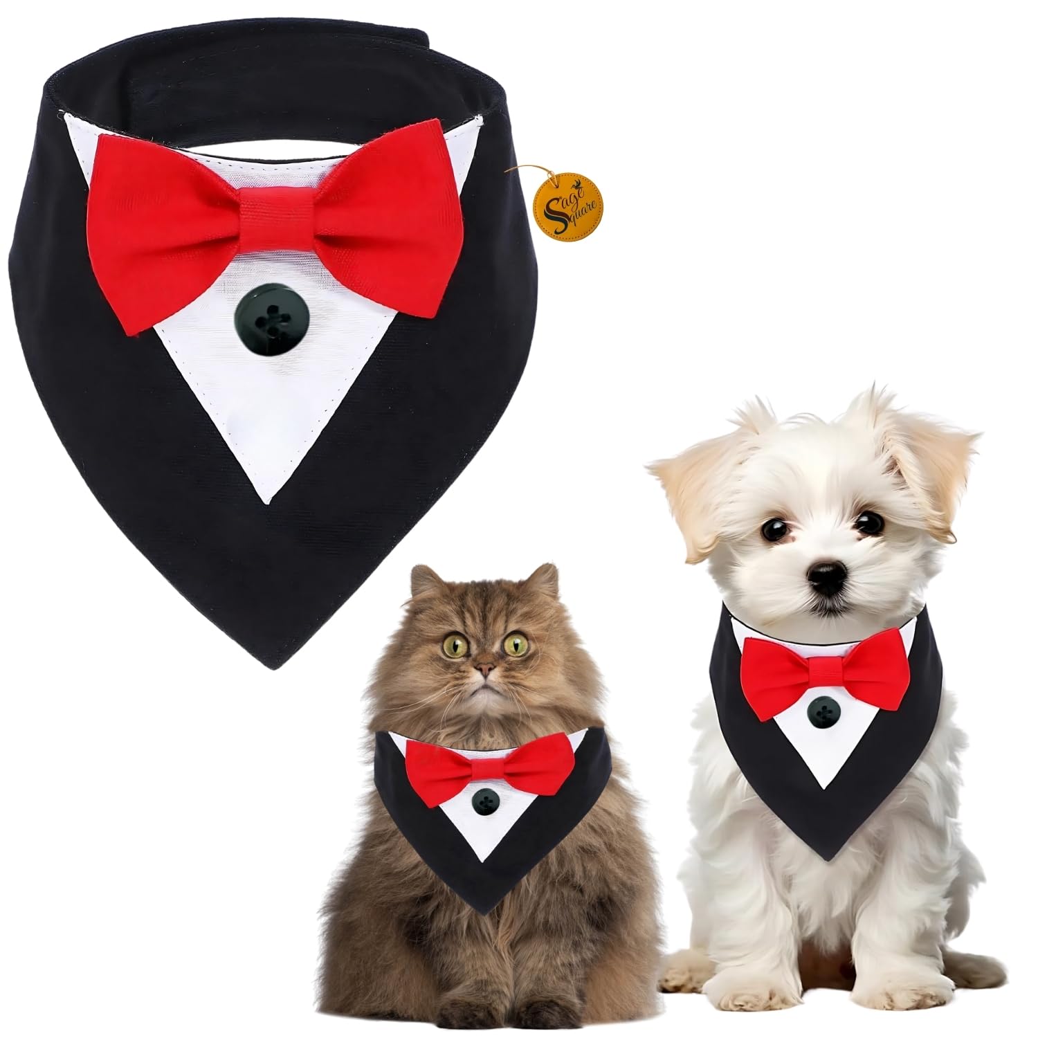 Sage Square Trendy Tuxedo Bandana for Pets | Perfect for Special Occasions Like Weddings, Birthdays & Parties | Easy to Wear, Comfortable Fit | Luxury Apparel for Dogs & Cats (Black & Red, Medium)-image-34