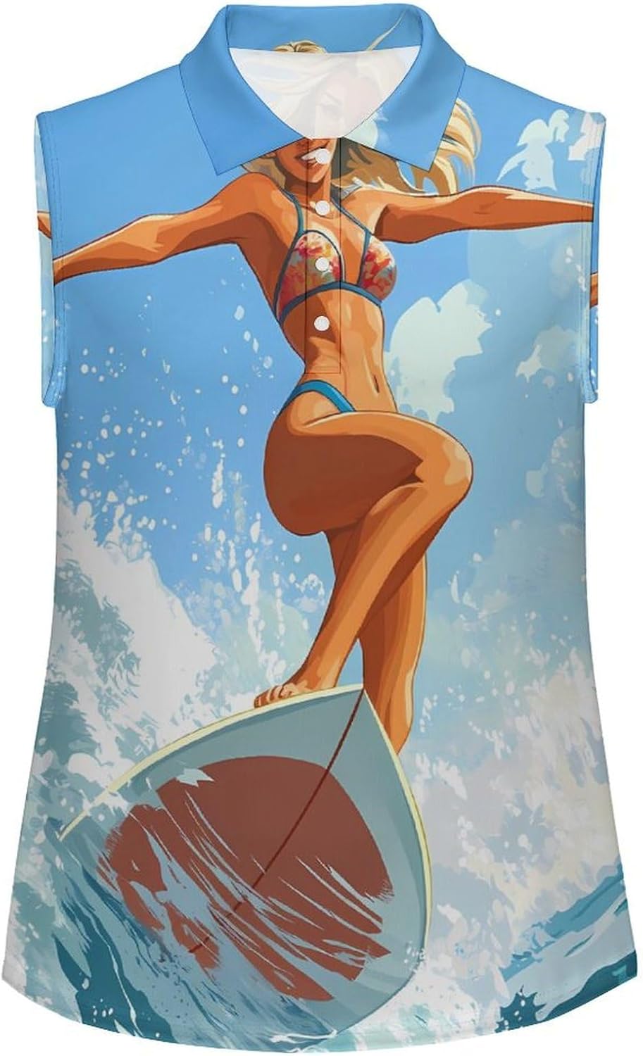 Bikini Girl Surfer Surfing Womens Golf Shirts Print Polo Shirt Sleeveless Tank Top Casual Work Blouses