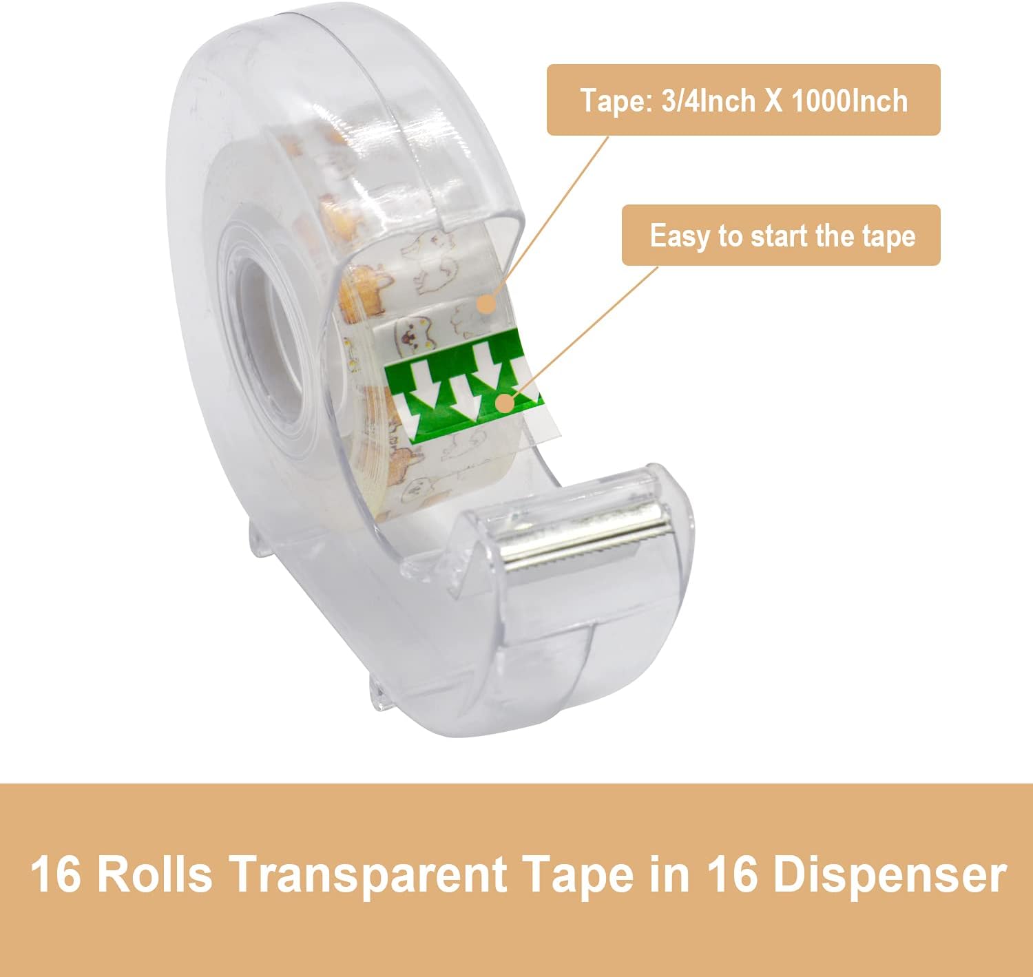 BOMEI PACK Office Transparent Tape with Dispenser, 16PACK Clear Refill Rolls Gift Wrap Tape Dispenser, 3/4in x 1000in : Office Products