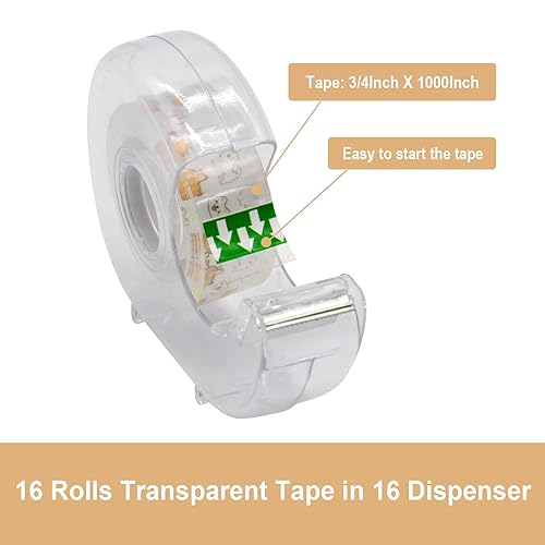 Miniatura 3 de BOMEI PACK Cinta transparente de oficina con dispensador, paquete de 16 rollos de repuesto transparentes dispensadores de cinta para envolver