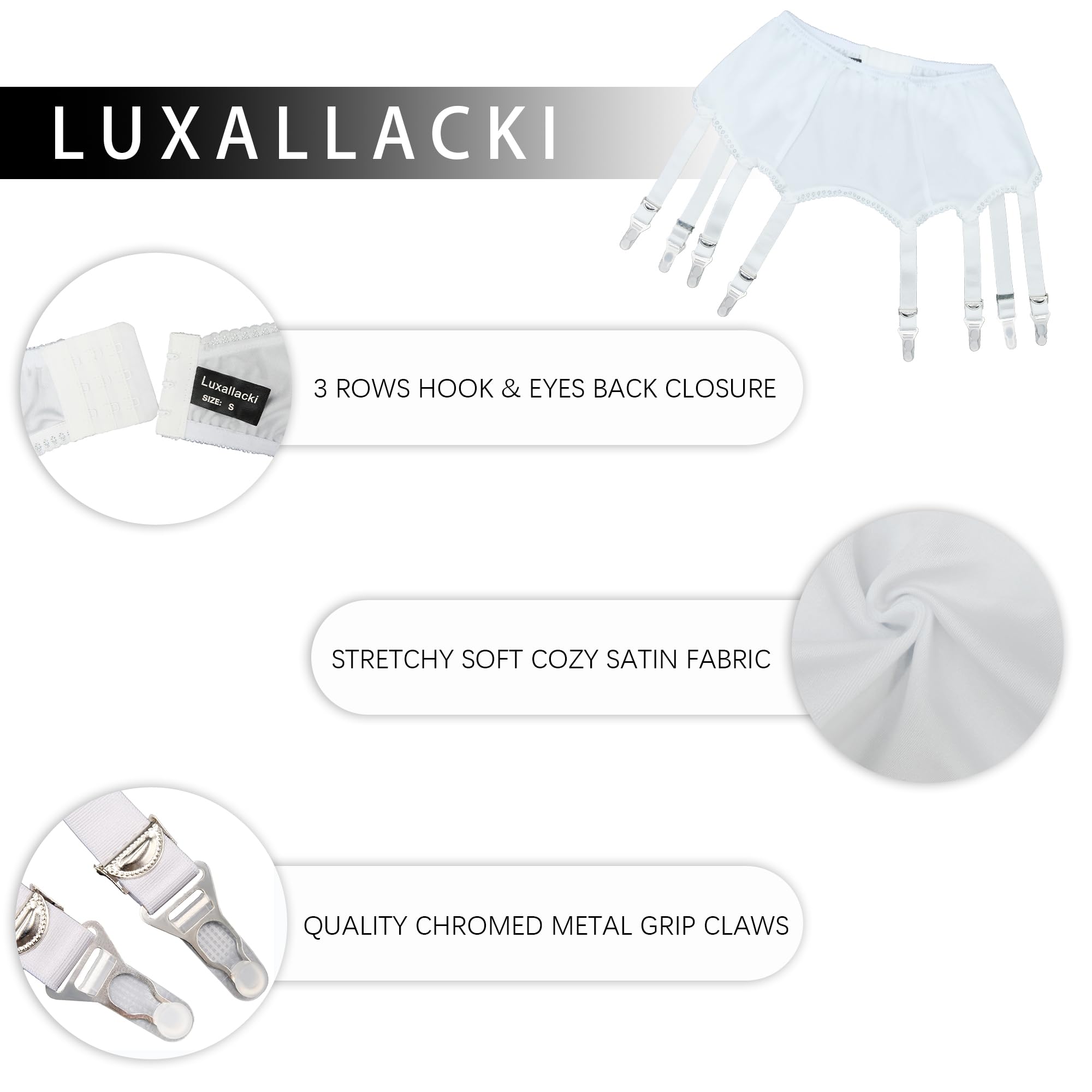 Luxallacki Plain Color 8 Straps Retro Garter Belt with Adjustable Suspender Metal Clips for Thigh High Stocking: 3X-Large White