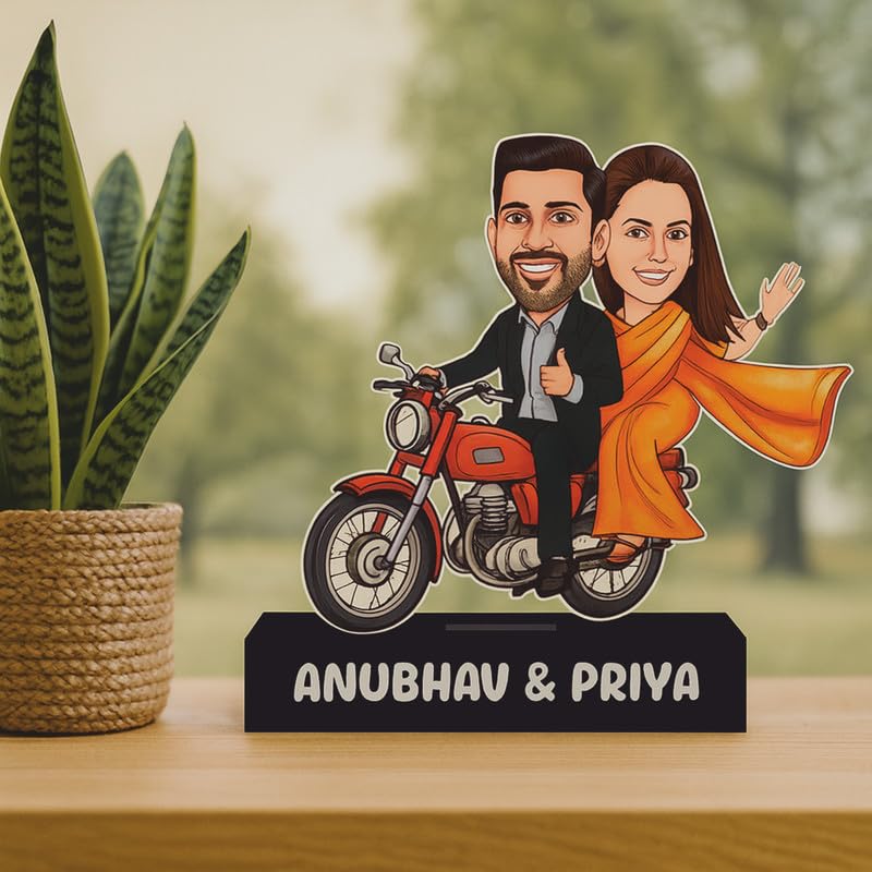 Image of THE GRANDEUR Acrylic Personalized Rider Couples Caricature Display, Custom Wooden Stand, for Husband, Room Decor