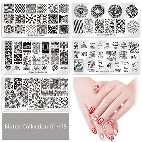 BIUTEE 15Stück Nagelstempel mit Blumen, Nagel Stempel Stamping Schablone Geometrischen Mustern Nail Art Stamping Set mit 1 Stempel 2 Schaber Nail Stamping Plate Nail Art für Nageldesign Maniküre Salon – Bild 4