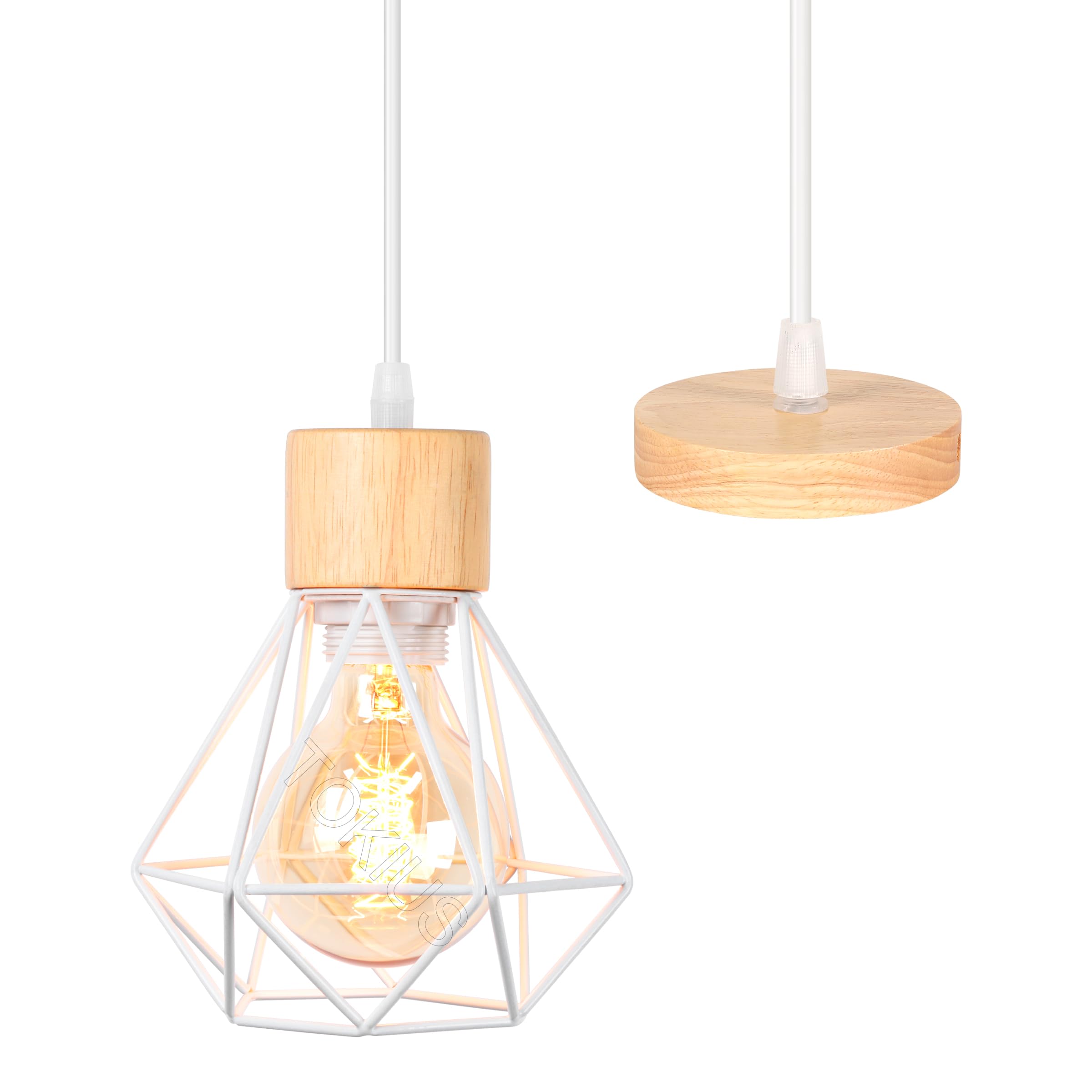TOKIUS Lámpara Colgante Vintage 16CM Retro Lámparas de Techo Diseño de Jaula Blanco Luz Colgante en Hierro Madera E27 Iluminación de Techo de Interior para Pasillo Comedor Dormitorio (Colgante 1 Luz)