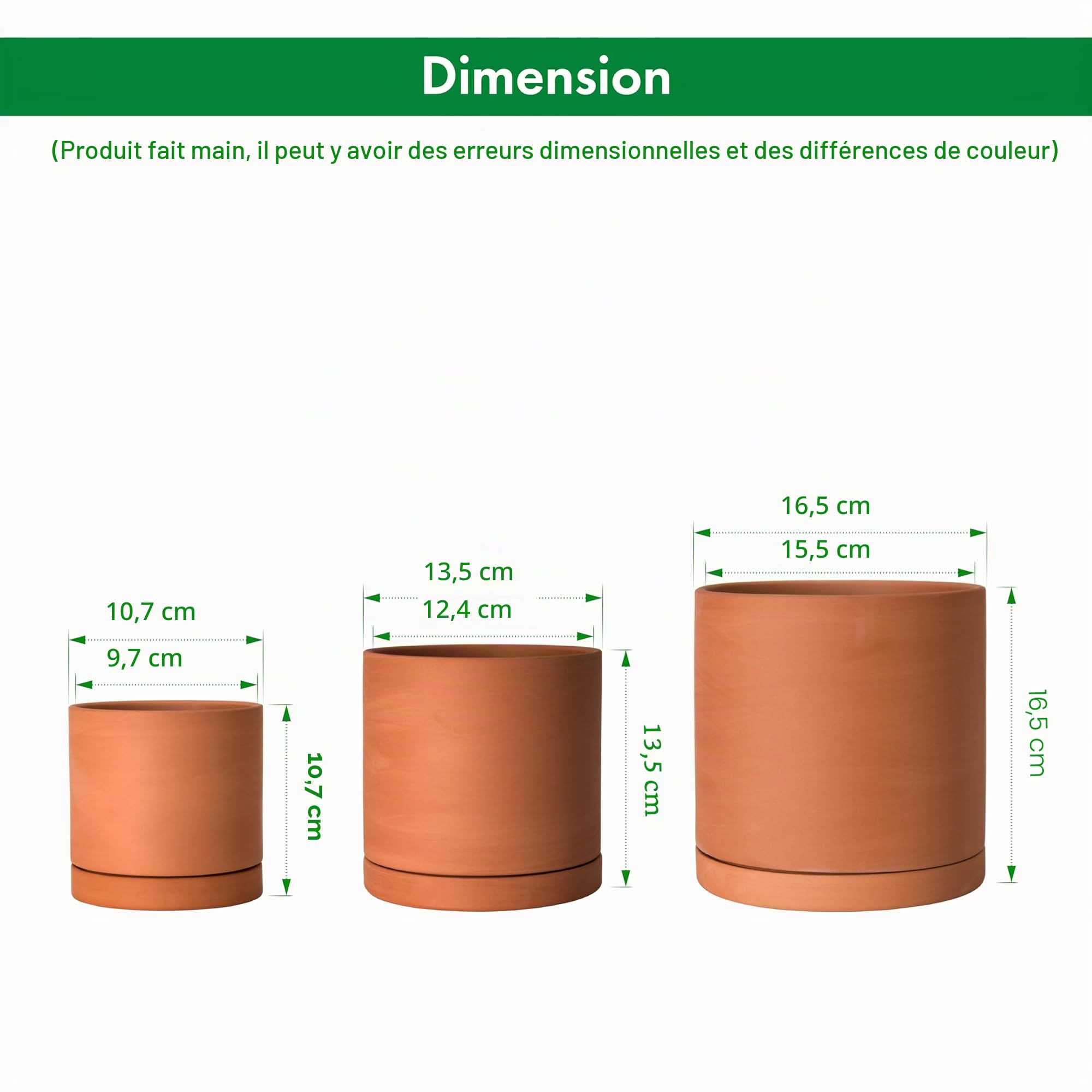 D'vine Dev Pots en Terre Cuite pour Plantes, 12 cm, 15 cm, avec Drainage et Soucoupe, 40-A-T-1