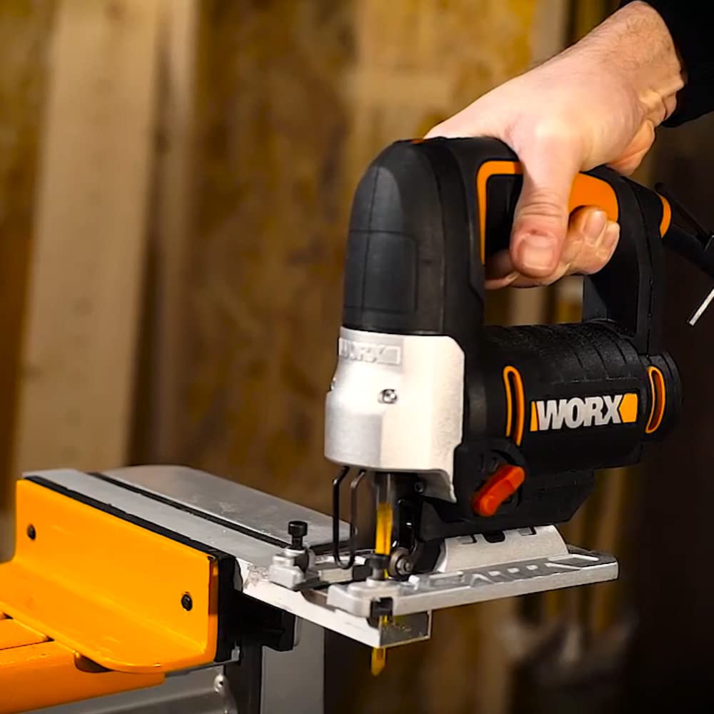 WORX WX478.1 Sierra de Calar 650W con Péndulo 4 Posiciones, Corte en Madera 90mm y Metal 8mm, Cambio Rápido Cuchilla, Soplador, Maletín Incluido
