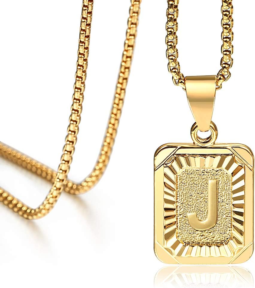 Hermah 26 Gold Plated Square Capital Initial Letter Charm Pendant Necklace for Men Women Box Steel Chain 22inch