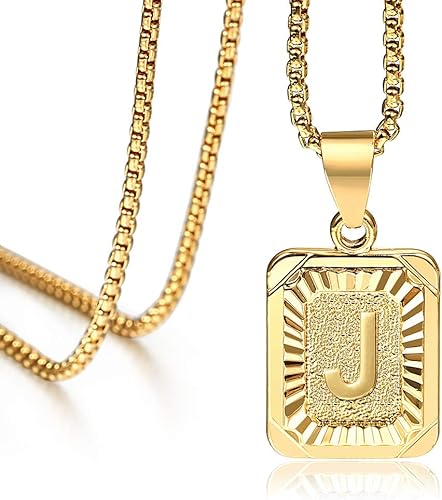 Collar chapado en oro con colgante de letra mayúscula cuadrada para hombre y mujer, cadena de acero de 45.7 a 55.8 cm