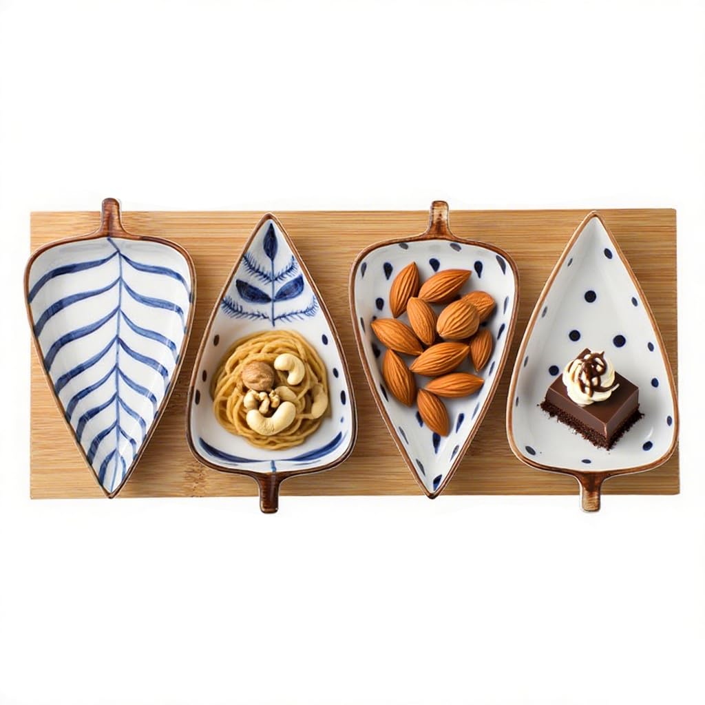 Ceramic Bowls with Bamboo Tray, Decorative Fish Shaped Chips and Dip Serving Dish Platters for Appetizers, Sushi, Desserts Measuring 5 inches/12.7cm (Set of 4)