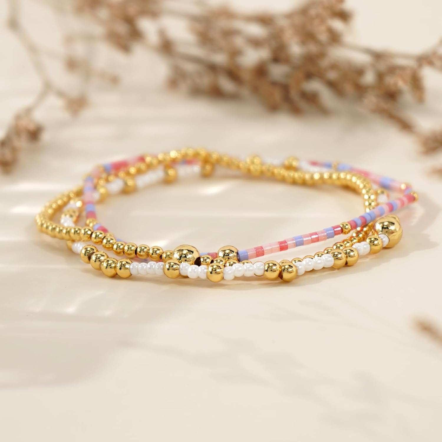 3Pcs Stack Gold Plated Ball Seed Beaded Bracelets Set For Women, Boho Handmade Colorful Cute Unique Stretch Accessories Smooth Jewelry, Summer Beach Daily Party Friendship Gift - Image 5