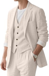 Linen Mens Suit 3 Piece Slim Fit Beach Homecoming Suit for Men Prom Party Casual Blazer Vest Pant Set