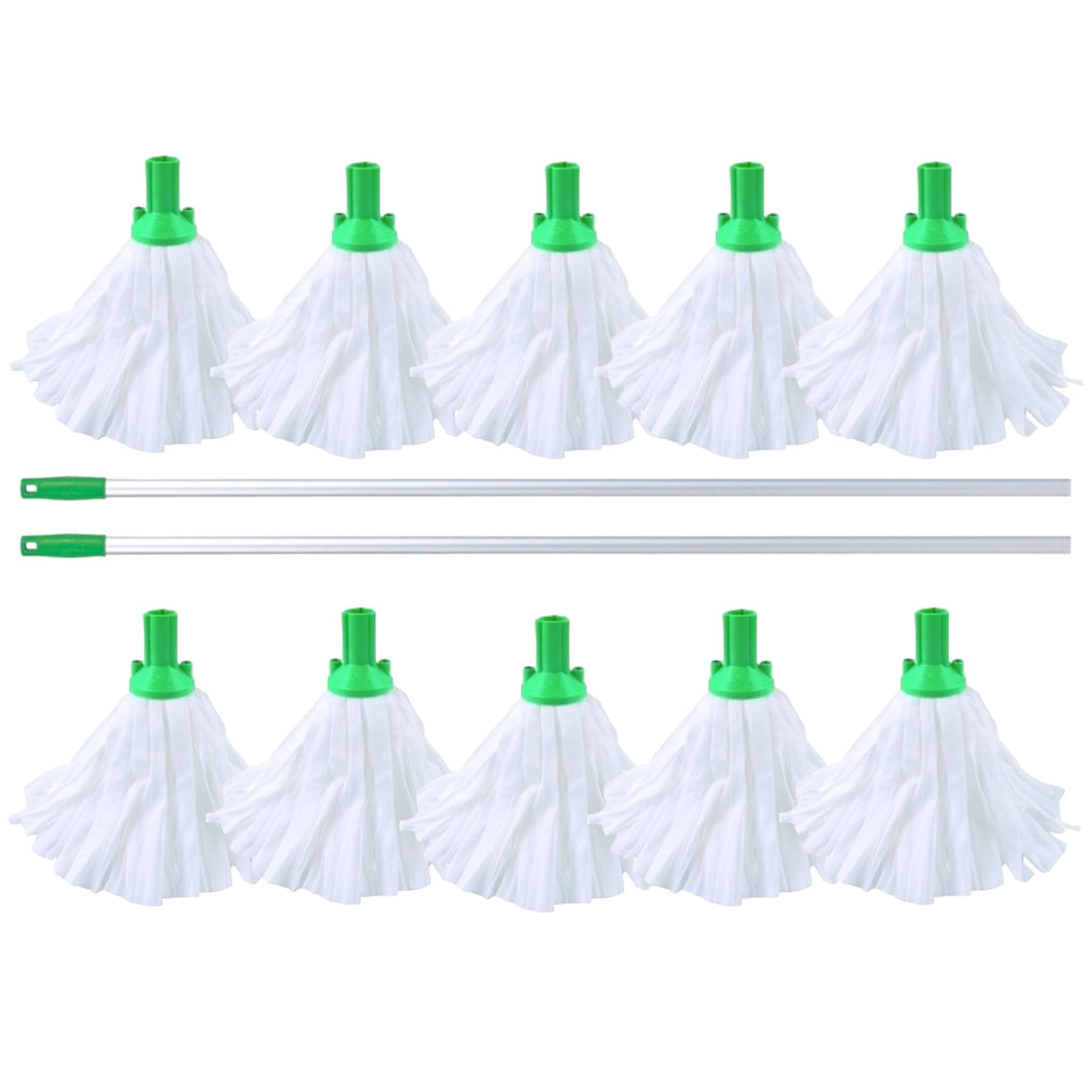 Aardvark Janitorial Supplies Green 10 Big White Disposable Exel Mop Heads With 2 Colour Coded Handle (Green)