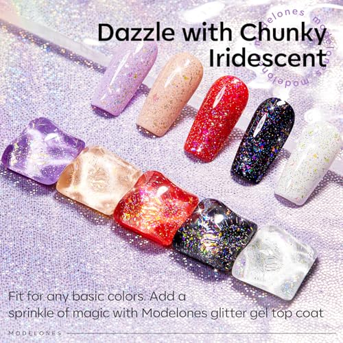 Image of modelones Glitter Gel Nail Polish Top Coat, Rainbow Confetti Gel Top Coat with Scattered Sparkle Shimmer Sequins, Soak Off Long Lasting High Glossy Finish Home Salon DIY Manicure Nail Art
