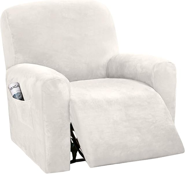BellaHills Velvet Sofa Slipcover High Spandex Sofa Cover/Lounge Covers/Couch Covers for Recliner Ivory Sofa Protector for Dogs High Stretch Furniture Protector Cover for Recliner(Recliner, Ivory)