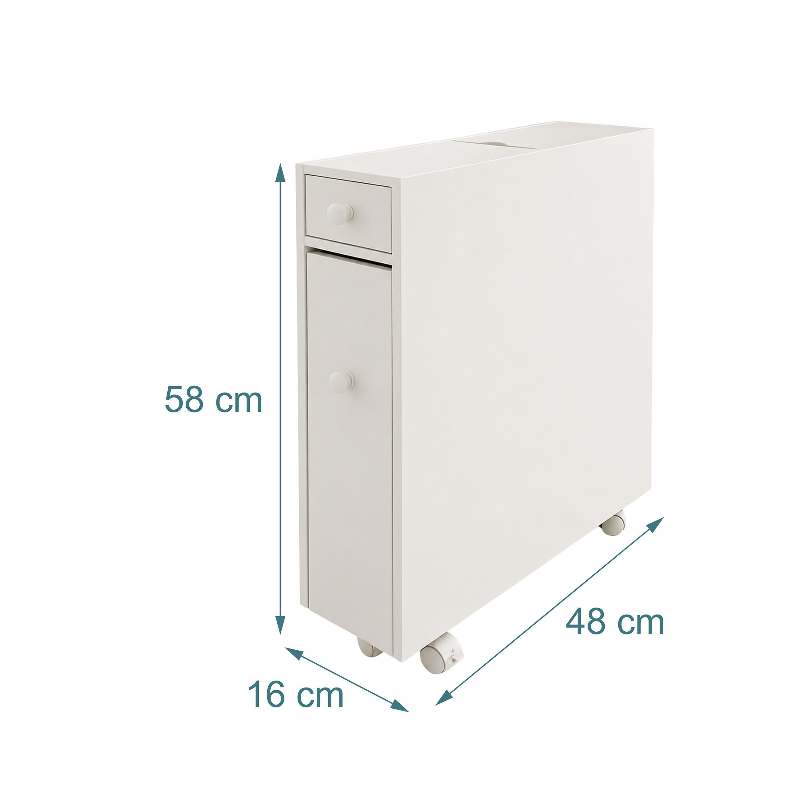 Relaxdays, mobile nicchia rollabile con cassetto e scomparti per bagno e cucina, 62 x 16 x 48 cm, truciolare bianco