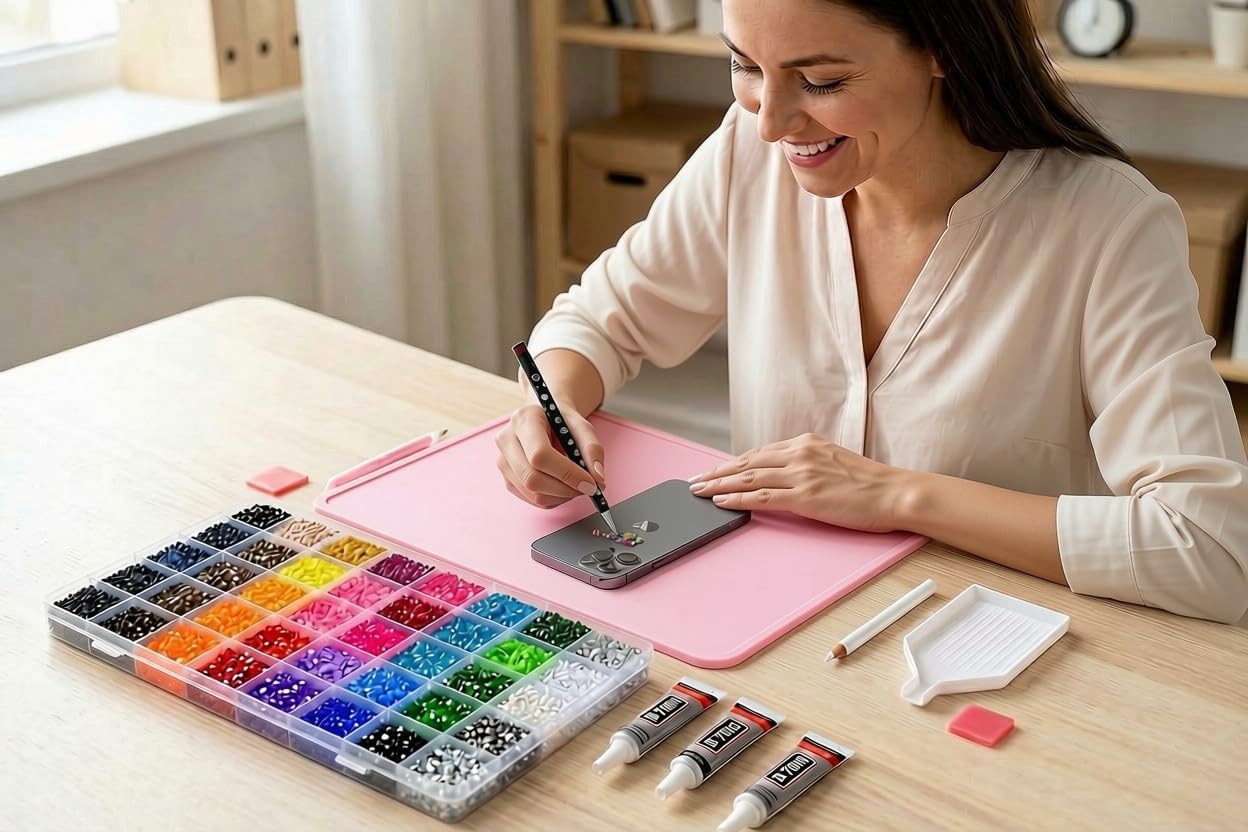 Bedazzling Kit 32,000, 40 Colors, Rhinestones with Silicone Mat 12x16in, 3mm Multicolor Resin Flatback Gems, 3 Pcs B7000 Jewelry Glue. All-in-one for DIY. Nail Art, Gifts & Craft.