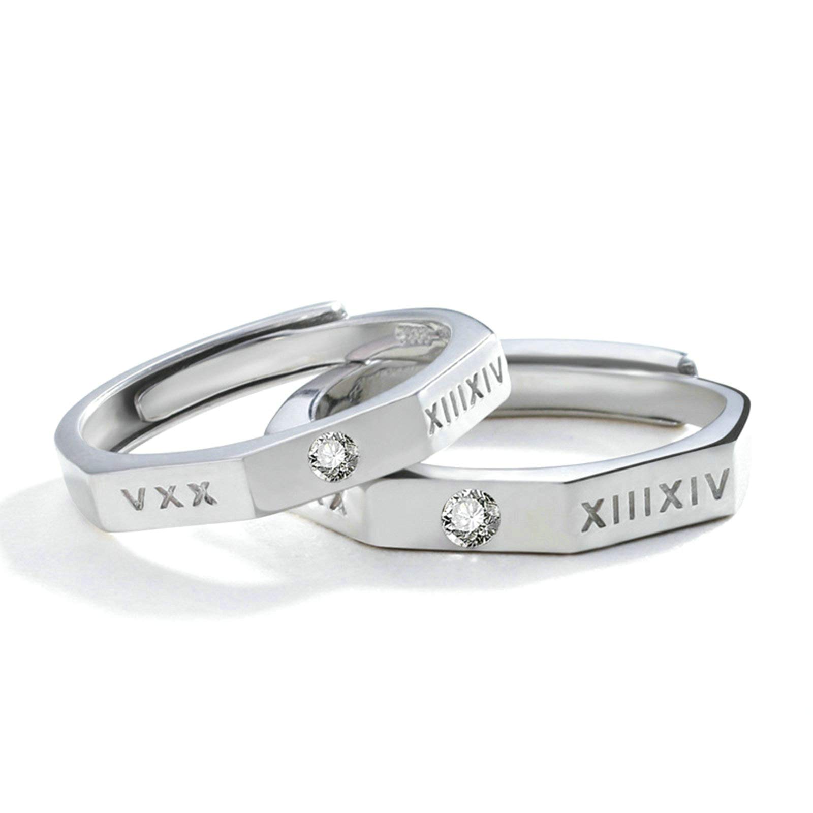 Juego de Anillos, Plata de Ley 925 Anillo Regulable Números Romanos Ajustables Grabado Pareja de Regalo de Anillo de Aniversario