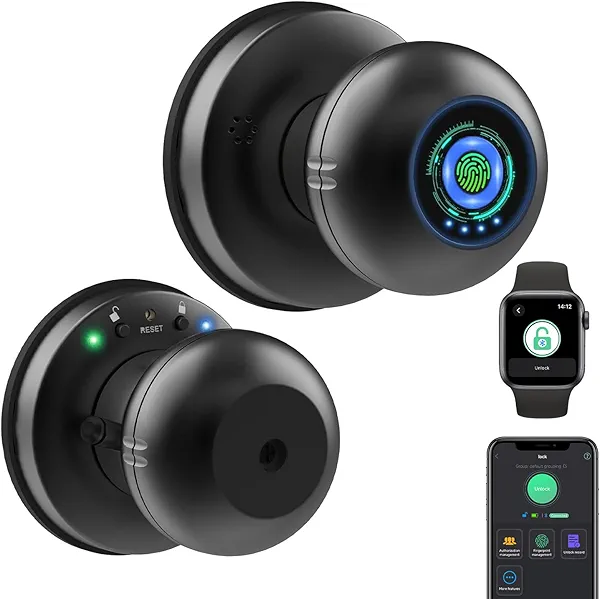 Fingerprint Door Lock Smart Door Knob with Key eLinkSmart Keyless Entry Door Lock for Bedroom Apartment with Privacy Mode Clear Voice Prompt Bluetooth eSmartLock App Control Black