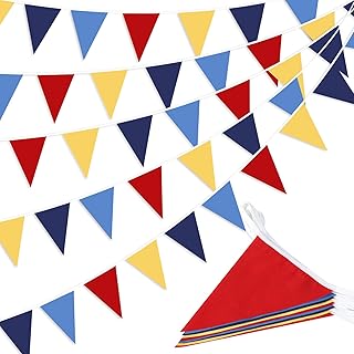 Guirnalda de banderines de color rojo, azul y amarillo, para decoración de payaso de circo, carnaval, cumpleaños, boda, al aire libre, festivales, 33 pies, 32 banderas
