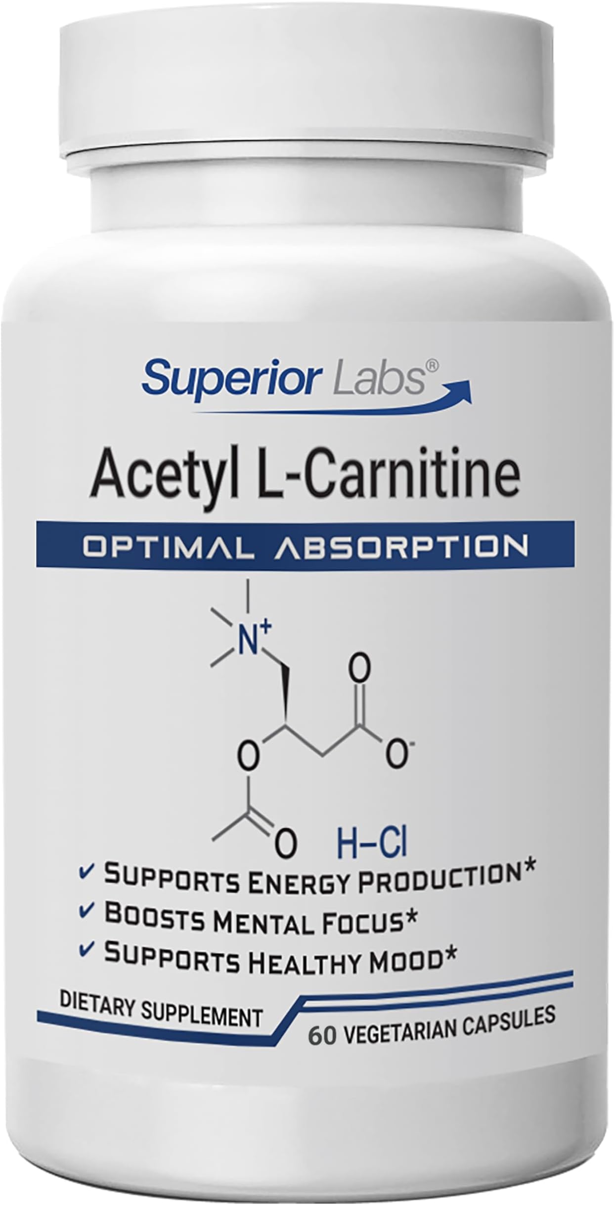 Superior Labs Acetyl L-Carnitine 500 mg, High Potency ALCAR, Pure Non-GMO, Zero Synthetic Additives, Maximum Absorption, Energy & Fat Metabolism, Brain, Nerve & Cellular Detox Support, (60 Veg Caps)