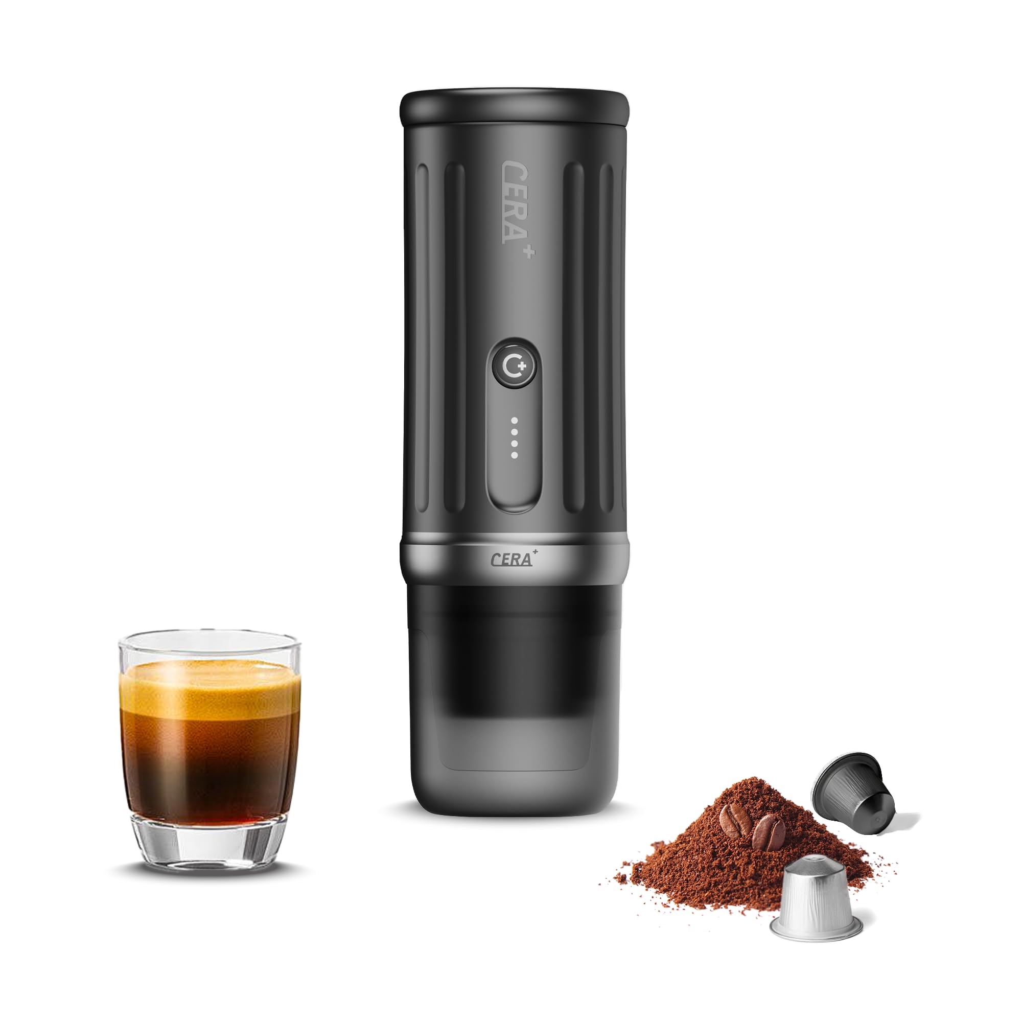 CERA+ Macchina per caffè espresso portatile autoriscaldante 5-8 tazze per carica, 20 bar, CERApresso funziona con cialde NS e caffè macinato, caffè elettrica da viaggio per campeggio, ufficio