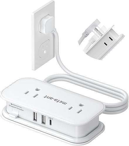 Regleta de alimentación de viaje con 4 tomas de corriente, cable de extensión de enchufe plano con 3 puertos USB, extensor de salida de 2 lados,