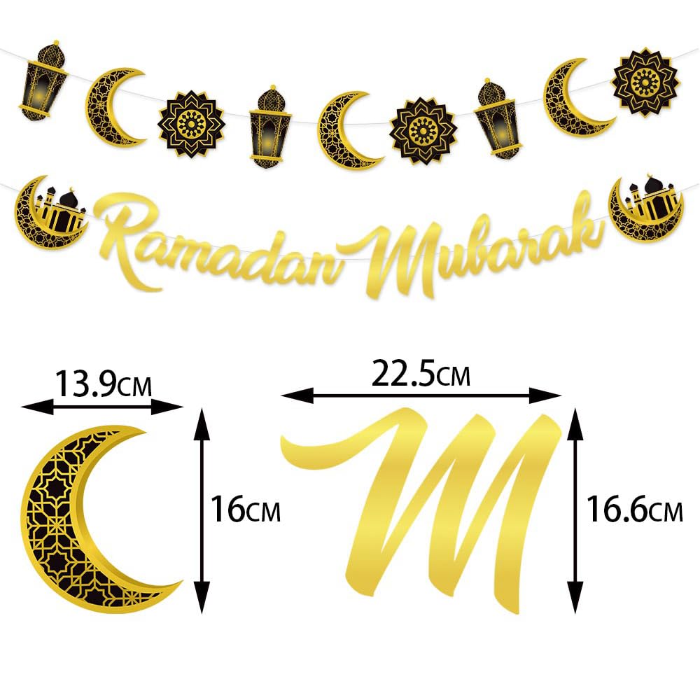 XINDY Ramadan Decorations for Home Black Gold Ramadan Mubarak Bunting Ramadan Banner Ramadan Mubarak Decorations with Eid Decorations Islamic Star Moon Lantern Ramadan Garland - Image 2