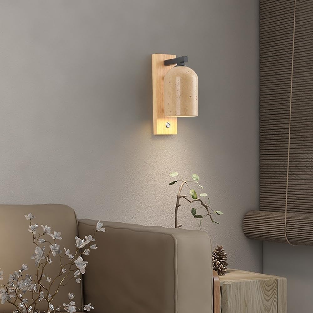 Applique Murale en Bois Massif, Applique Murale Japonaise en marbre Jaune Wabi-sabi, luminaires muraux de Style crème for Chambre à Coucher, Chevet, Salon, luminaires muraux câblés (Color : A)