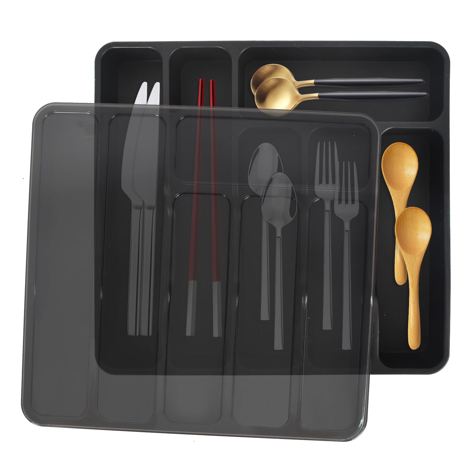 DICLLY Portaposate da Cassetto in Bambù - Espandibile 5 a 7 Scomparti,Vassoio da Posate Cucina,Porta Posate Cucina Bambù Naturale Regolabile 32.2x43/50x43cm,Ideale per Cucchiai,Forchette e Coltelli