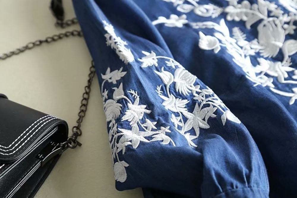 Bluse Damen, Damen Jeanshemd Mit 3/4 Ärmeln Vintage Dunkelblau Blumenstickerei Rundhalspullover Hemden Oberteile Lässig Locker Gewaschen Blusen Elegante Tunika-Oberteile Für Damen Mädchen
