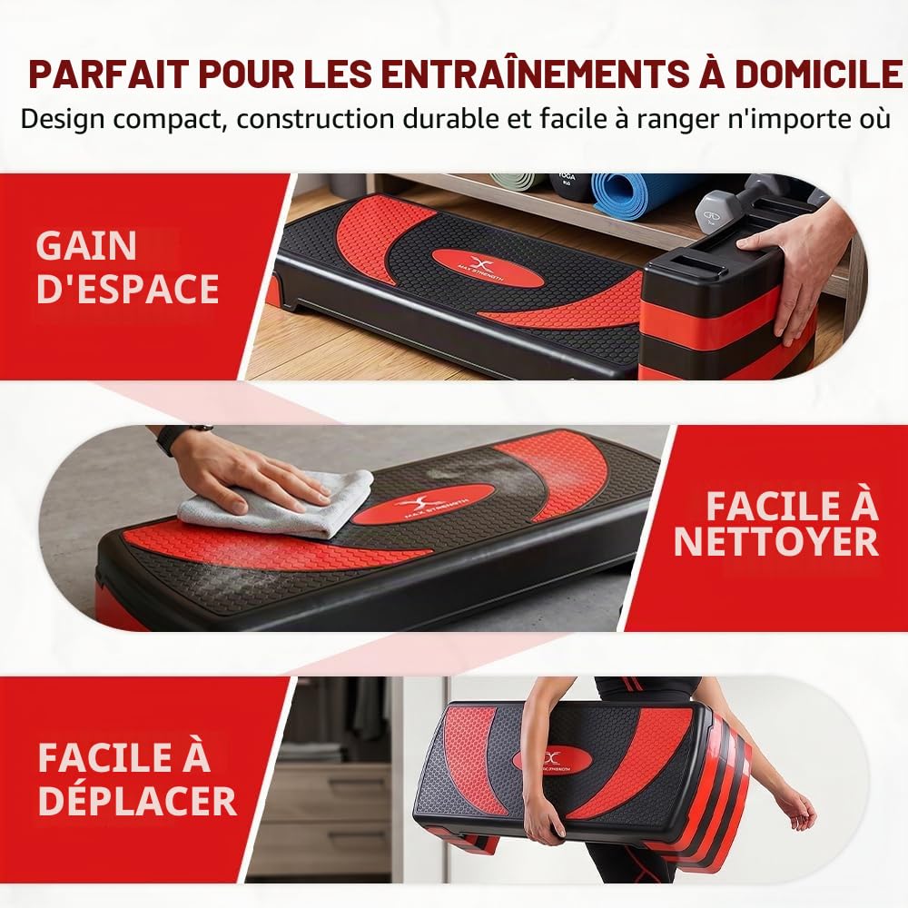 MAXSTRENGTH Stepper de fitness pour exercice d'entraînement 5 niveaux de hauteur réglables 10 cm, 15 cm, 20 cm, 25 cm, 30 cm, plate-forme antidérapante pour exercices d'aérobic, d'endurance, de
