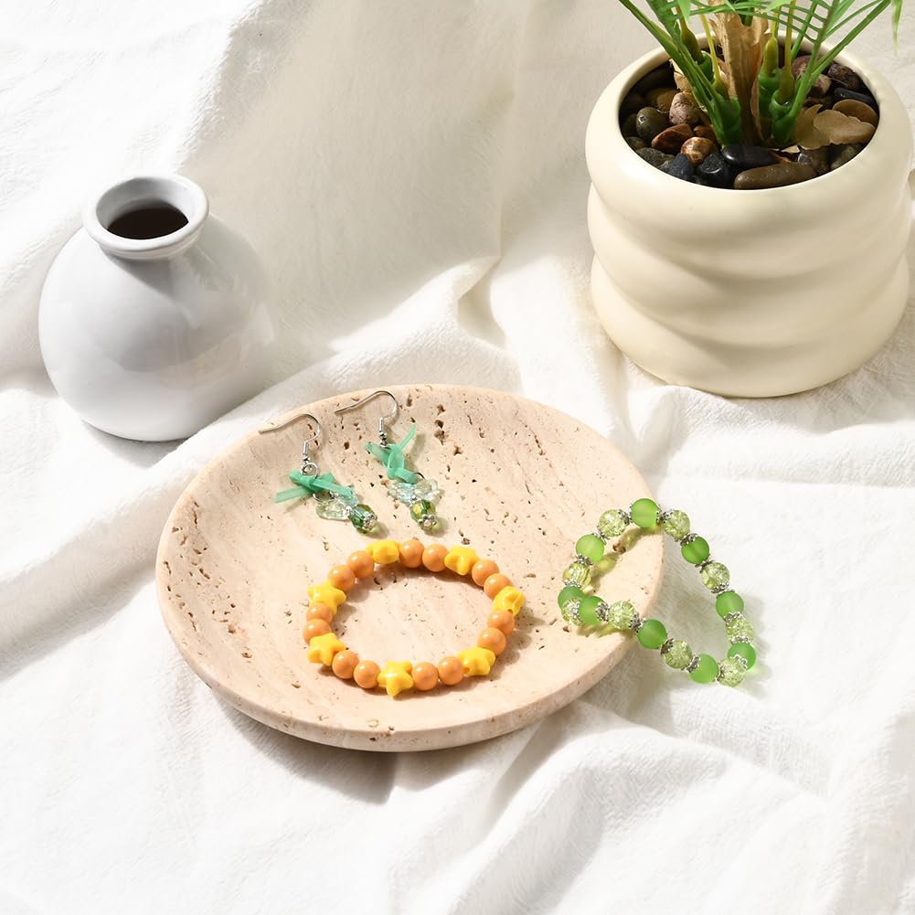Beebeecraft Bandeja Redonda Y Plana de Mármol Travertino Natural para Guardar Joyas con Paño de Pulido para Pendientes Collares Y Decoración Del Hogar (Beige)