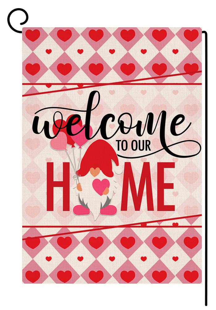 Sambosk Valentines Day Gnome Small Garden Flag Welcome to Our Home Vertical Double Sided Burlap Red Love Heart Farmhouse Spring Yard Outdoor Decoration 12 x 18 Inches