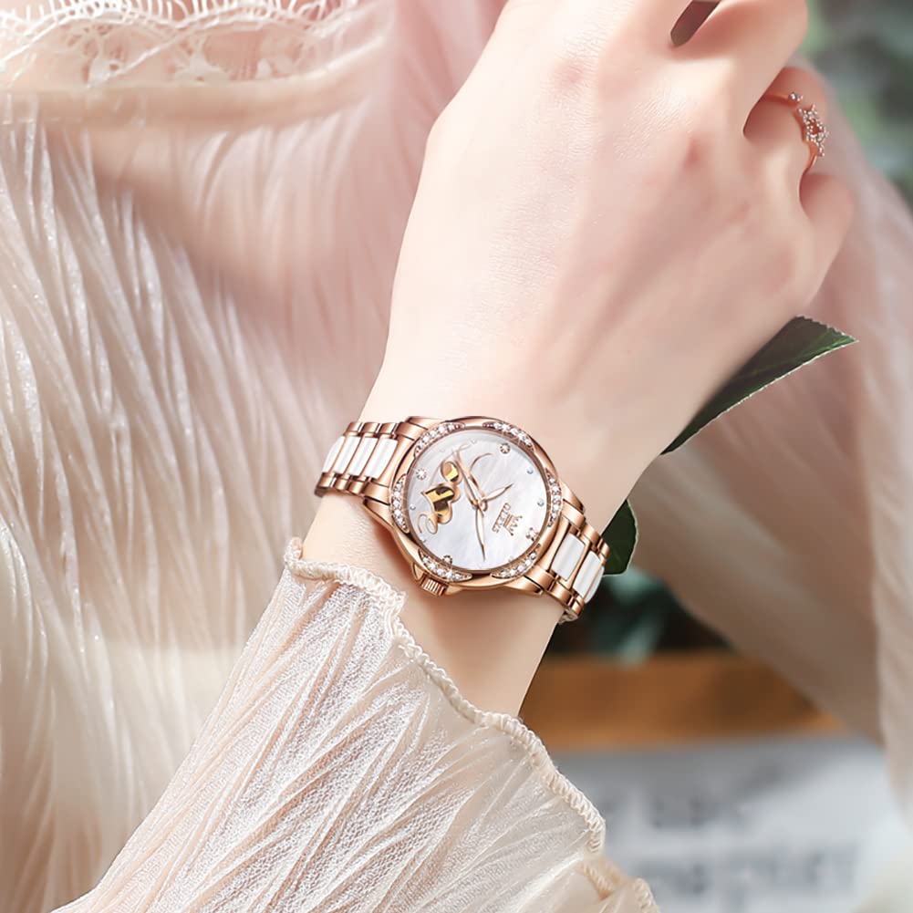 OLEVS Relojes automáticos para mujer, oro rosa, vestido de diamantes de moda, reloj de pulsera mecánico de dos tonos, correa de cerámica impermeable luminosa, juego de regalo, Esfera de amor