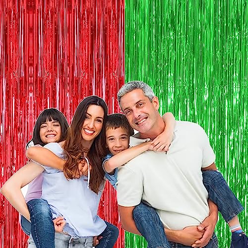 Image of 6 Pieces Foil Fringe Tinsel Party Curtains for Photo Backdrop (RED-Green) | Fringe Curtains for Merry Christmas Decoration