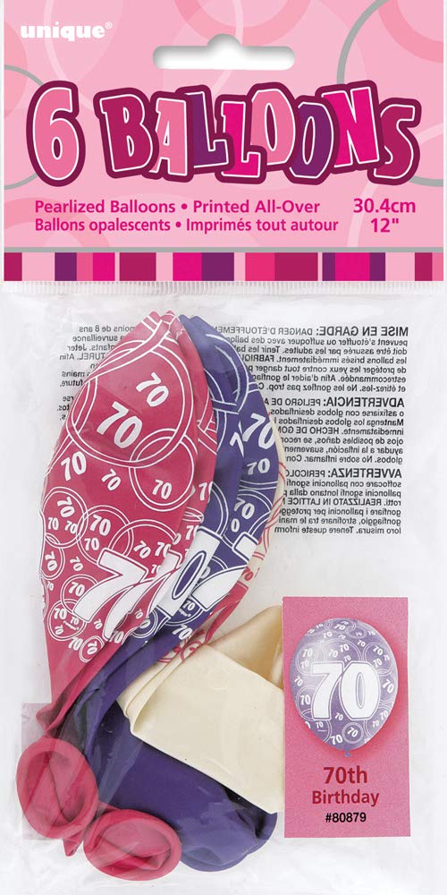 Unique Party 80879 - 12" Latex Glitz Pink 70th Birthday Balloons, Pack of 6 — view 2