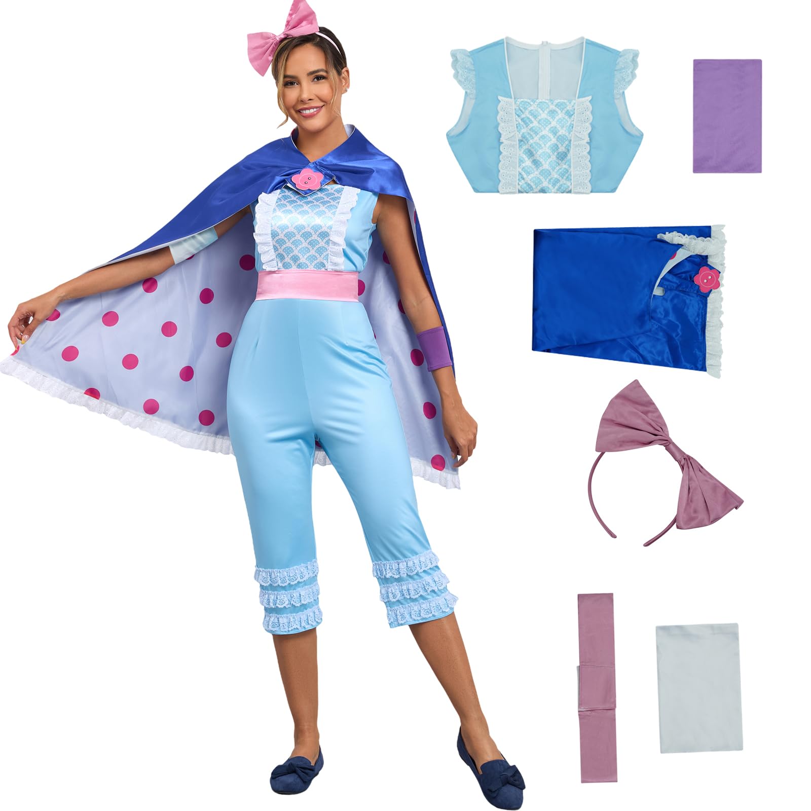 AYYOHON Bo Peep Costume Women Light Blue Jumpsuit Cape Headband Set Adult Sheperdess Cowgirl Halloween Cosplay Outfits 2XL