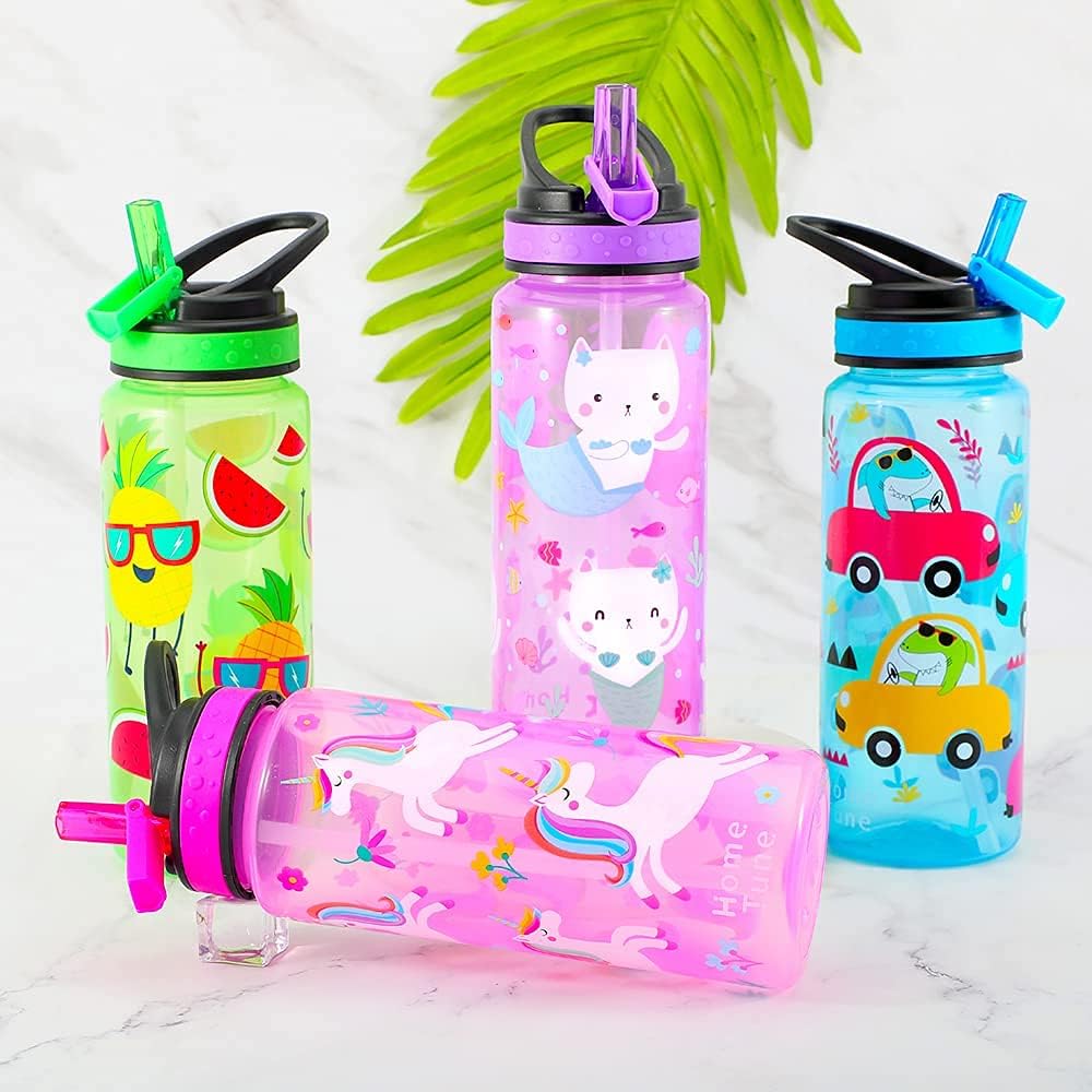 Home Tune 23oz Kids Water Drinking Bottle 2 Pack - BPA Free, Flip Straw Lid Cap, Lightweight, Carry Handle, Leak-Proof Water Bottle with Cute Design For Girls & Boys - Unicorn & Kitty Mermaid - Image 3