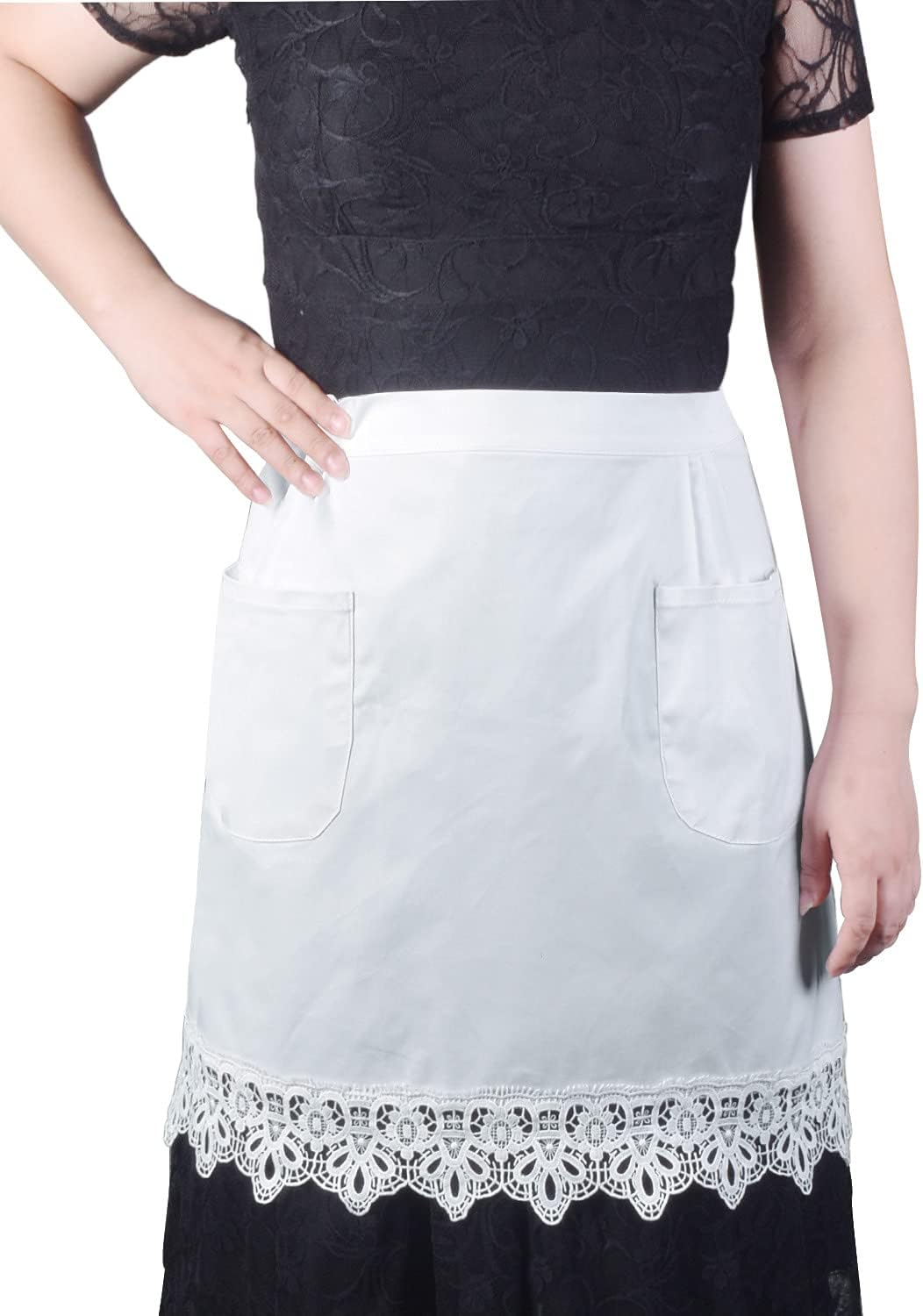 Love Potato Cotton White Lace Kitchen Waist Apron with Two Pockets Cosplay Costume