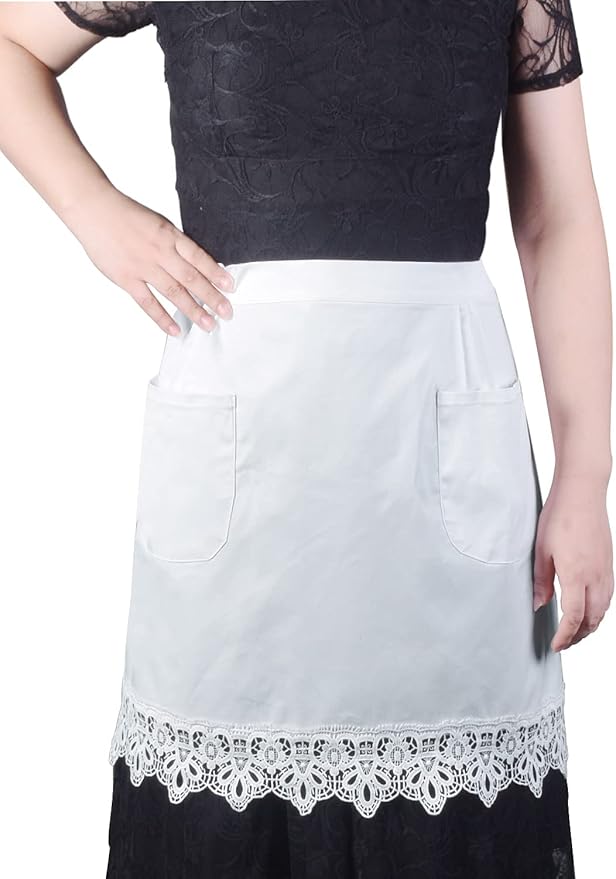 Lace White Waist Apron Cotton Kitchen Half Apron with Two