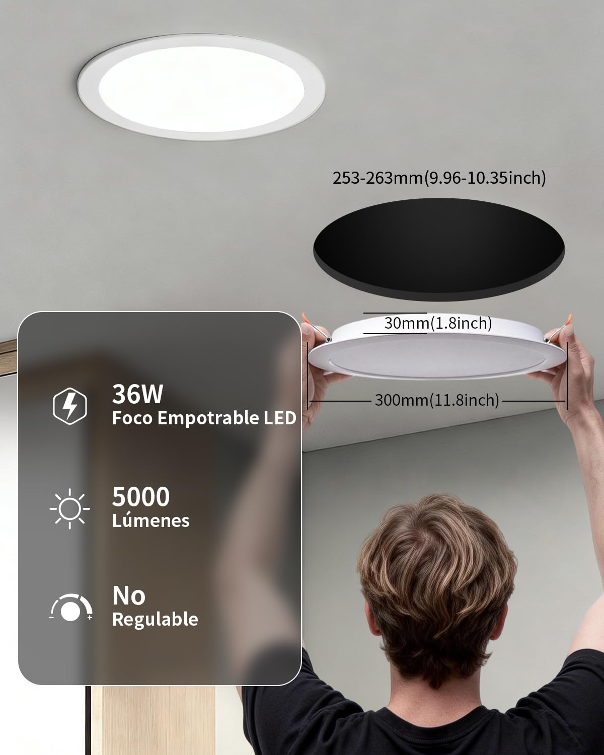 pack 2 Downlight LED Techo Empotrable 36W (360W) Slim, Panel Redondo Empotrado, Placa Extraplana 5000 lúmenes, Corte techo 253-263mm, Luz Seleccionable 3000K-4000K-6000K (3CCT)