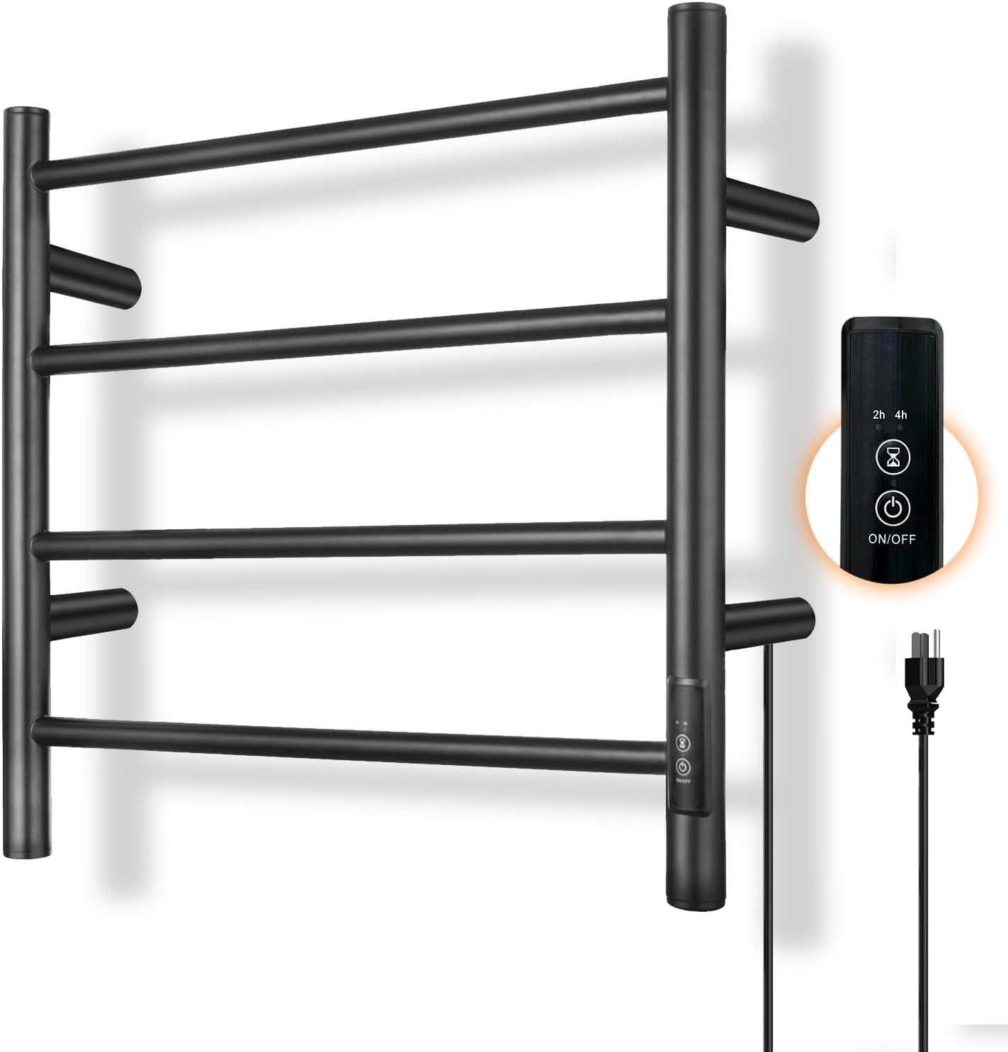 R FLORY Towel Warmer Heated Towel Rack All-Night Warm Bathroom Plug-in Heated Drying Rack with Timer Fast Heating (Black, 4 Bars) 4 Bars Black