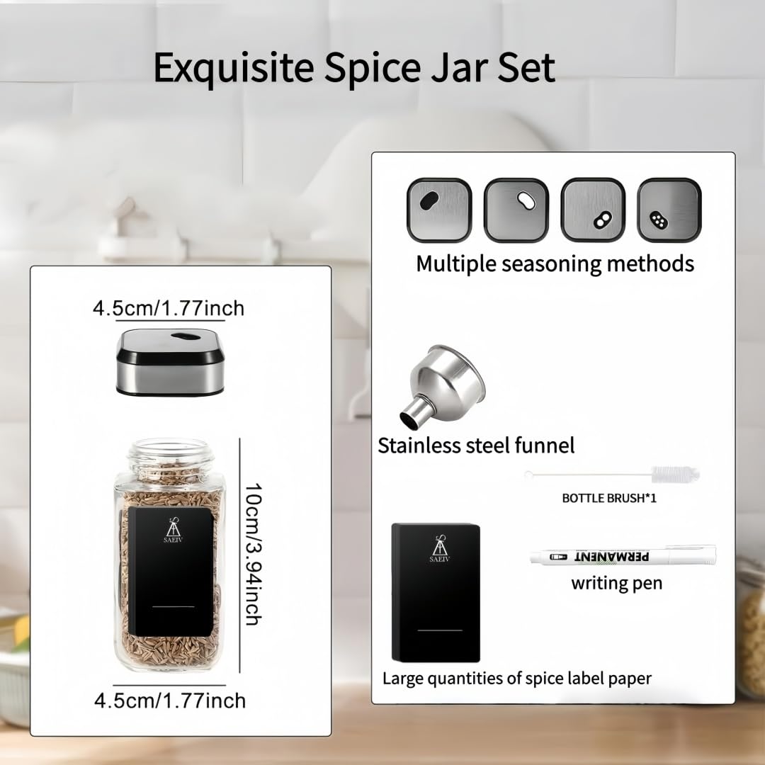 Gewürzgläser 35 Stück Gewürzgläser Eckig 120ML Gewürzstreuer Gewürzdosen mit Drehdeckel Streueinsatz Dichtung Starke Versiegelung Edelstahl-Glas Gewürz Organizer inkl. Trichter Etiketten Stift