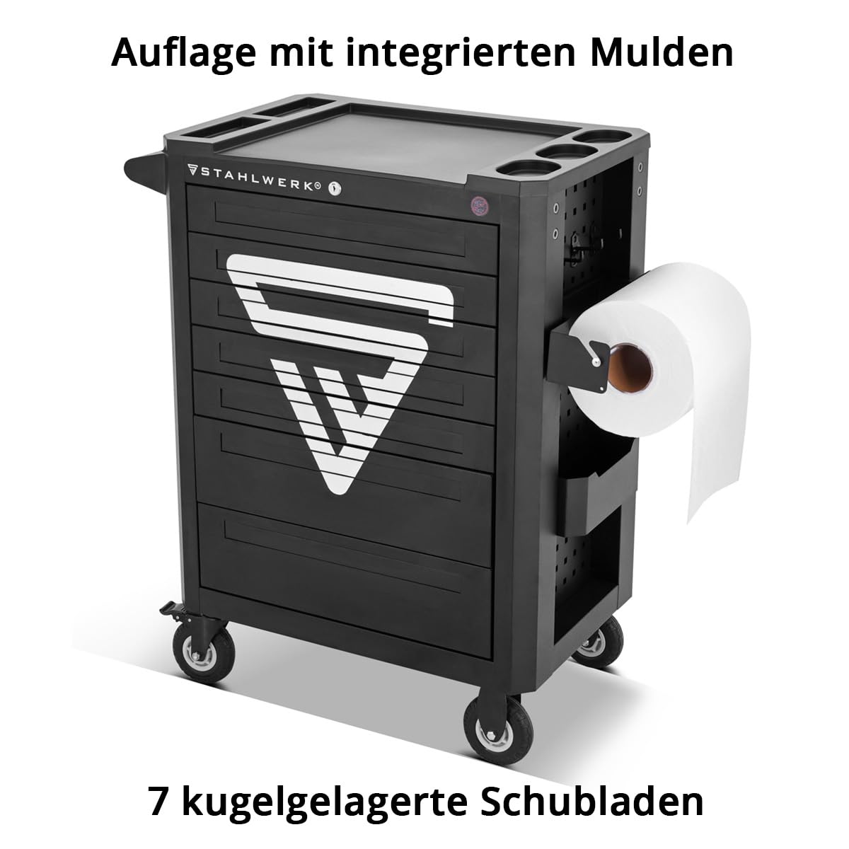 STAHLWERK Werkstattwagen Shark bestückt mit 235 Premium-Werkzeugen aus Chrom-Vanadium abschließbarer Werkzeugwagen | Profi Montagewagen mit 7 Schubladen und gummierten Long-Life-Rollen