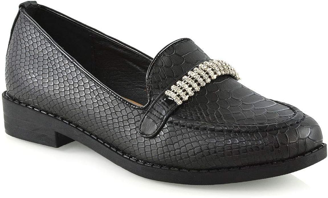 Womens Black Slip On Loafers Ladies Diamante Low Heel Closed Toe Casual Evening Office Work