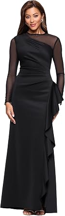 Xscape Womens Scuba Crepe Illusion Neck Mesh Sleeve Ruffle Floor Length Dress