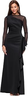 Xscape Women's Scuba Crepe Illusion Neck Mesh Sleeve Ruffle Floor Length Dress