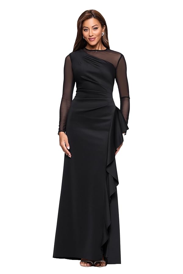 Xscape Women's Scuba Crepe Illusion Neck Mesh Sleeve Ruffle Floor Length Dress, Black, 14 by Xscape - Used condition - US$227.24