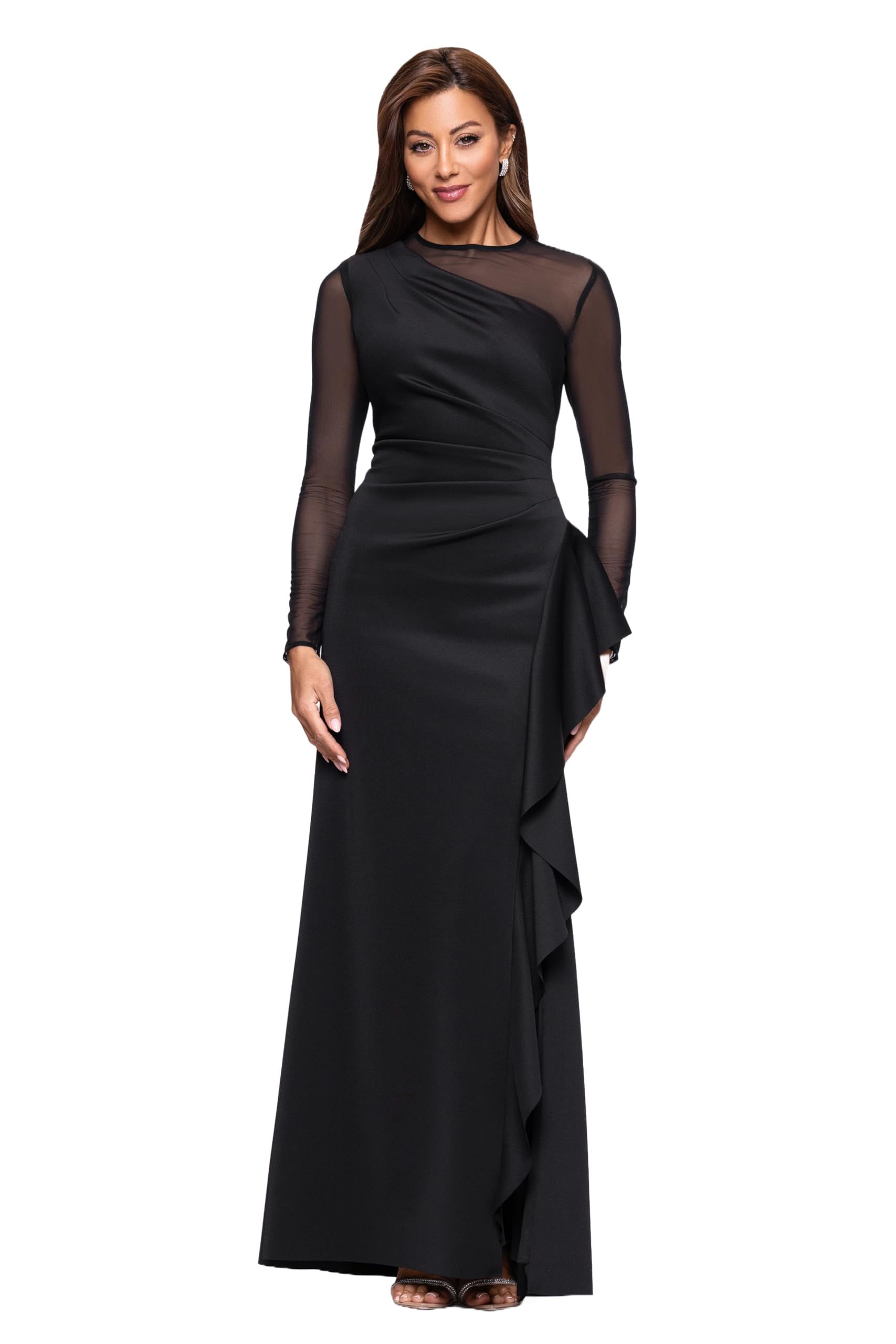 Photo 1 of Xscape Women's Scuba Crepe Illusion Neck Mesh Sleeve Ruffle Floor Length Dress, Black, 12